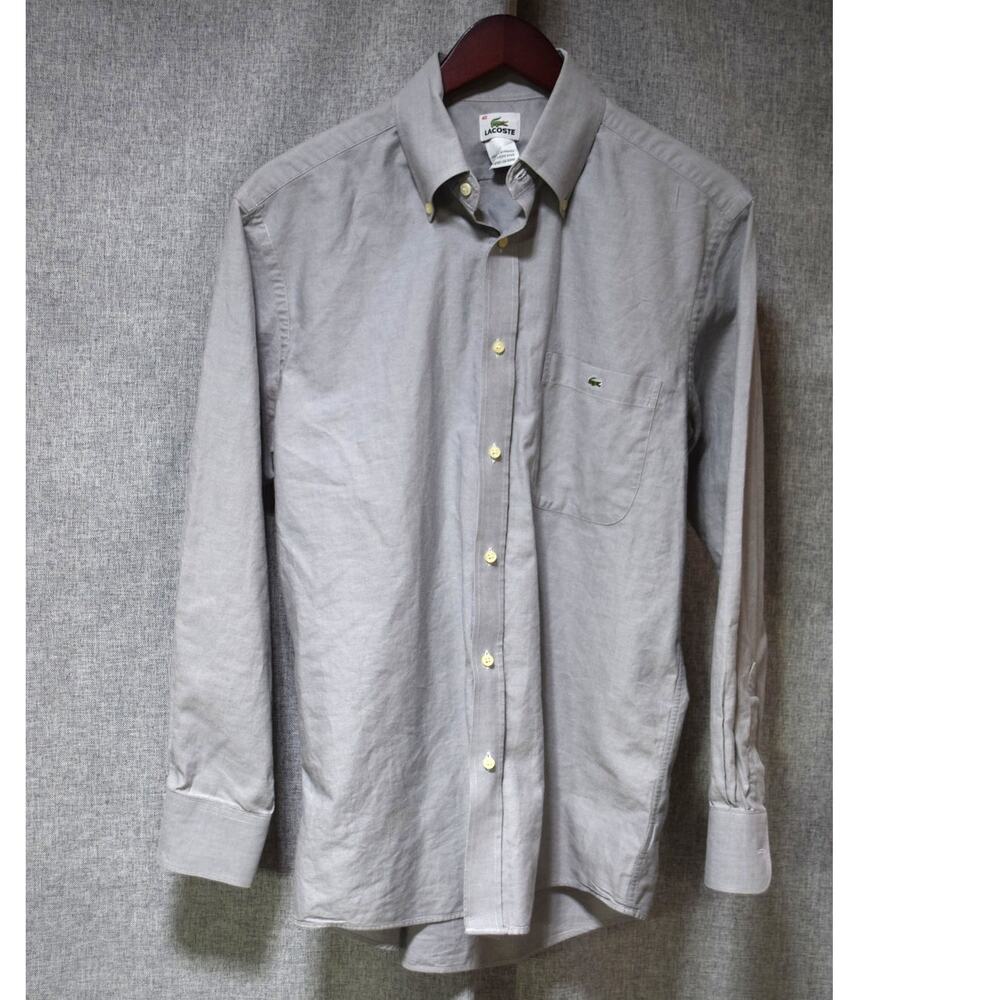 Lacoste Mens 40 Medium Gray Button Down Shirt Cotton Classic Logo Pocket